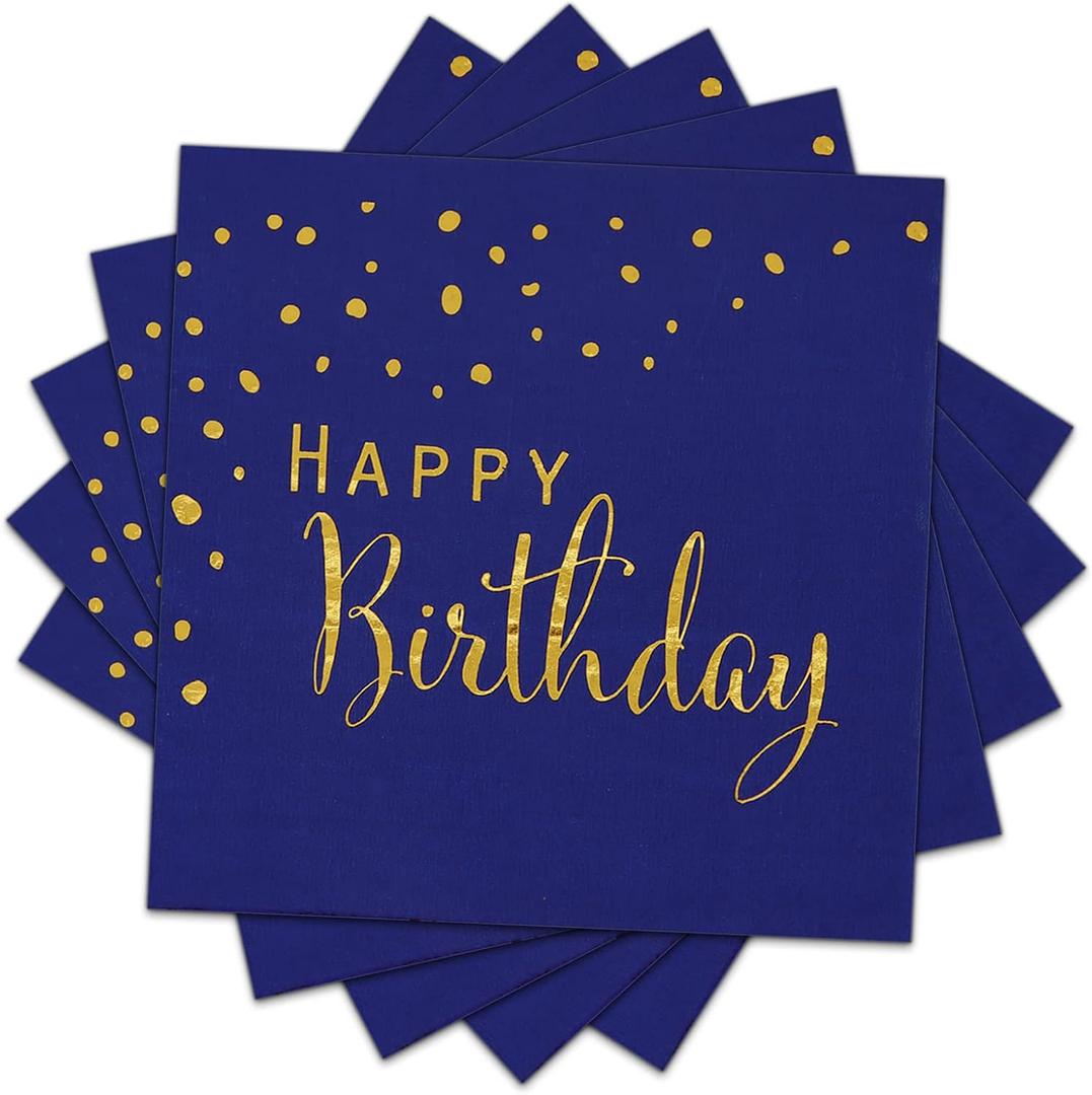 DYLIVeS Happy Birthday Napkins, Blue and Gold Foil Dots Napkins Disposable Paper Napkins for Dinner Picnic Cocktail Birthday Party Supplies Decorations for Boy Man, 6.5 x 6.5 Inch (Pack of 50)