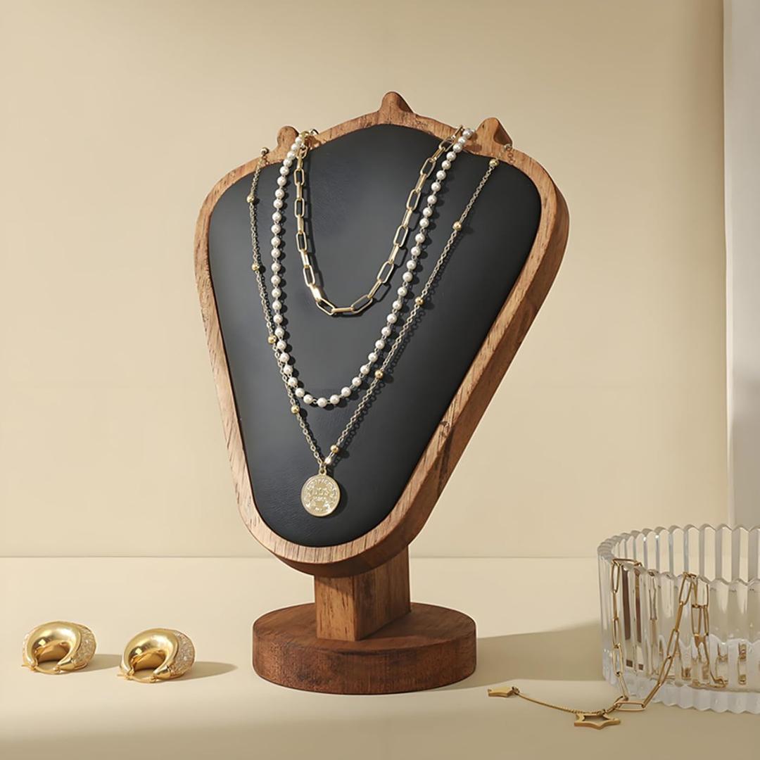 Wooden Necklace Display Stand with Black Leather Mat, 8.4 x 5.8 x 3.3 inches, Walnut