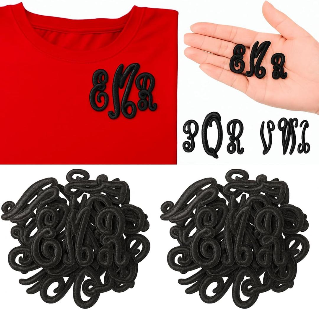 Lyrow 78 Pieces Iron on Letters Patches, Cursive Letters Monogram Alphabet Embroidered Patch A-Z Applique for Scrubs Medical Uniform Clothes Short Sleeve Pocket T-Shirt Backpack(Black)