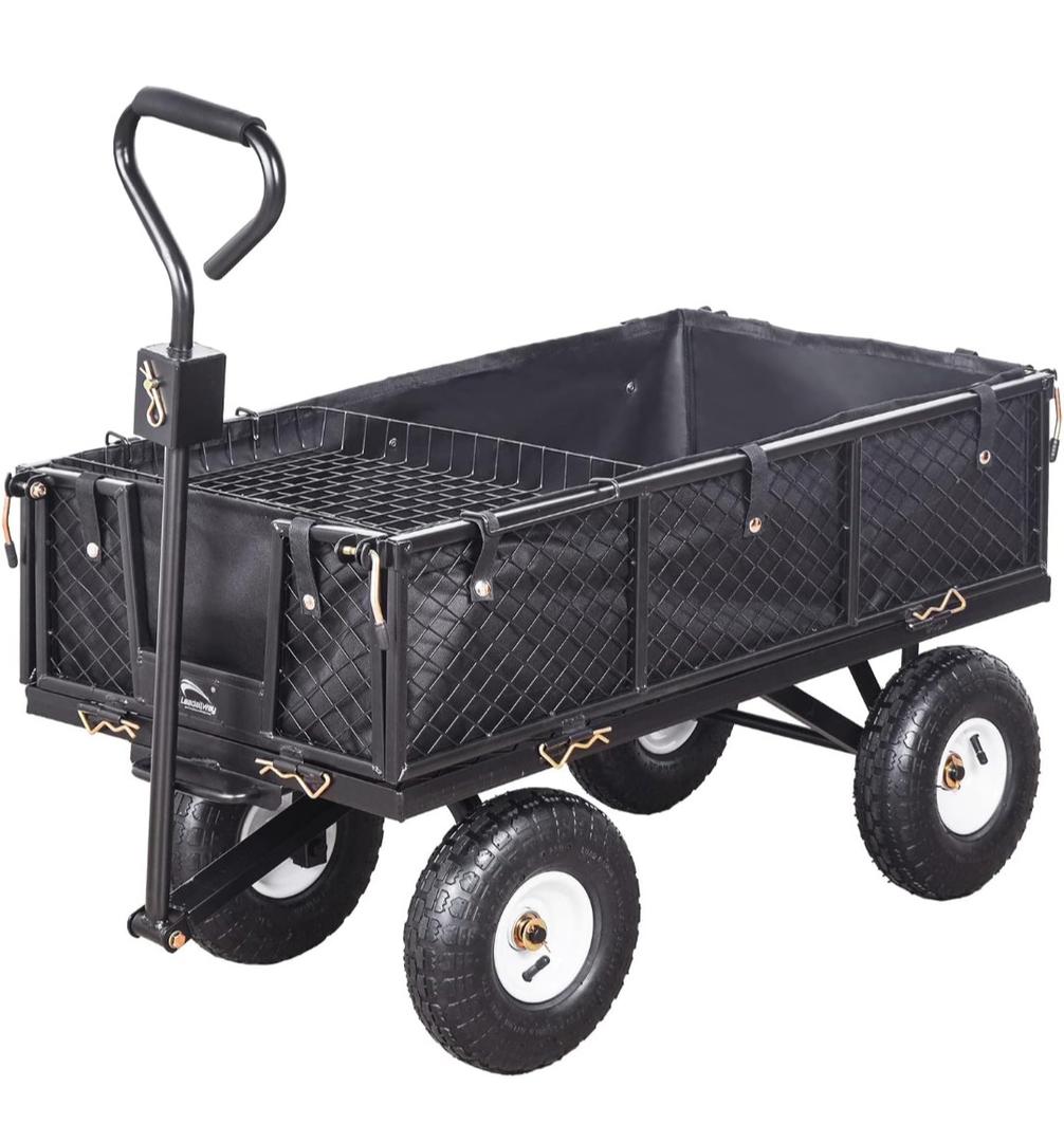Heavy Duty Steel Garden Cart Large Size with Liner and Iron Frame,Steel Frame Dump Cart with Removable Sides,660lbs Capacity Black