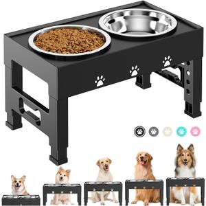 LAKIPETN Elevated Dog Bowls with 1 Stainless Steel Bowls, Raised Dog Food Bowl Stand 5 Height Adjustable (3.1", 9", 10", 11", 12") Non-Slip Feeder Station Set for Medium and Large Dogs - Black