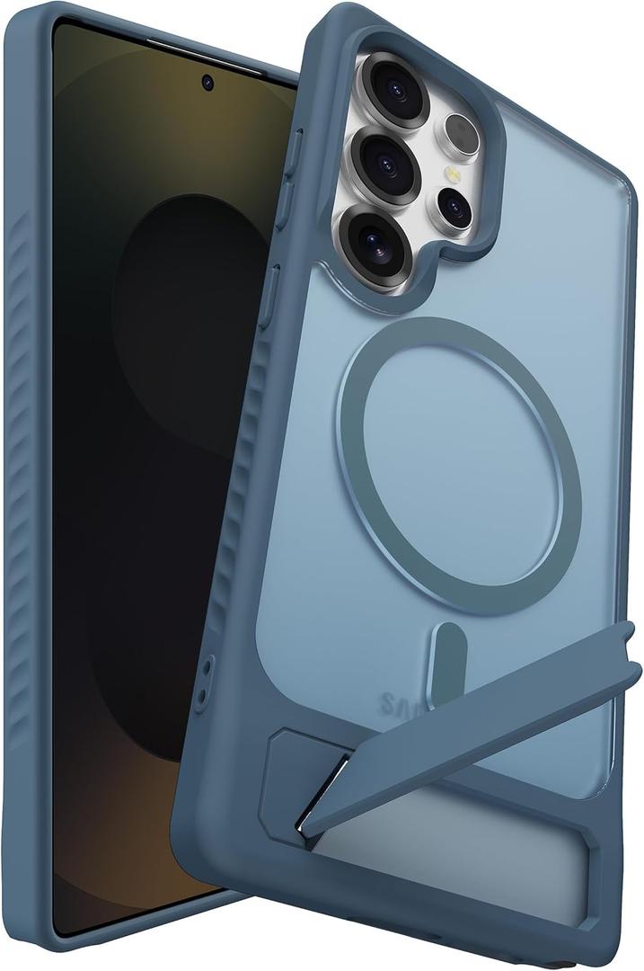 Magnetic for Samsung Galaxy S25 Ultra Case with Kickstand, Compatible with Mag-Safe, Slim Shockproof Grippy Translucent Matte Phone Cover, Built in Invisible Stand, Navy Blue