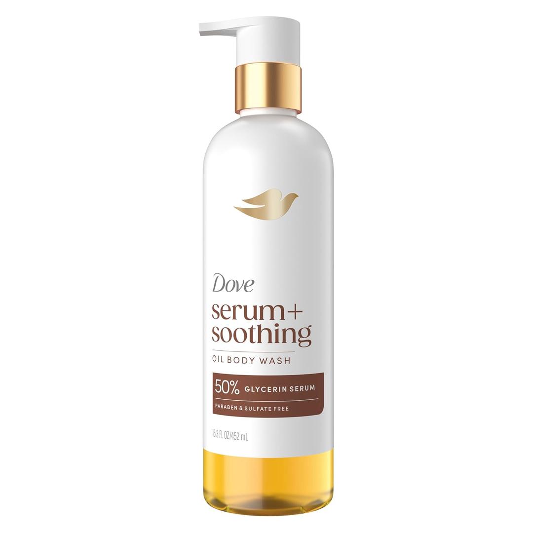 Dove Serum+ Shower Oil Body Wash with Glycerin Serum, Almond Oil & Sandalwood, Soothing Hydrating Cleanser, 15.3 fl oz