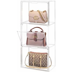 WMM Purse Storage Organizer for Closet, 3 Packs Plastic Acrylic Clear Handbag Purse Shoes Book Figure Toy Display Case, Storage Bins for Cosmetic, Stackable Magnetic Drop Front Storage Organizer