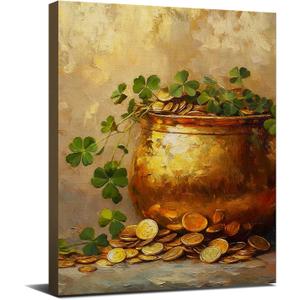 VKYN St Patricks Day Lucky Pot of Gold Wall Art Canvas Print, Gold Coins and Shamrock Painting, Framed Poster Artwork for Home Farmhouse Wall Decor 8x10 Inch
