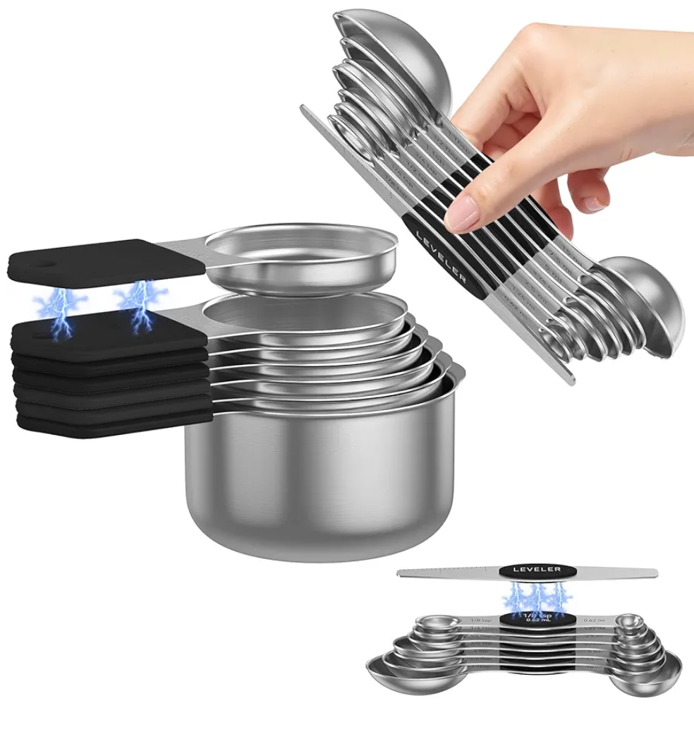 Magnetic Measuring Cups and Spoons Set - 304 Stainless Steel | Dual-sided Design | Set of 15 with Leveler | Strong N52 Magnetic Nesting