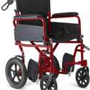 Medline Basic Aluminum Transport Chair, Lightweight Folding Transport Wheelchair with Swing-Back Arms, 12" Wheels, Red, 19 inches