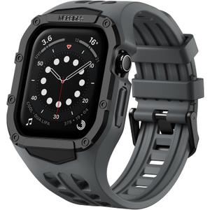 Nereides Rugged Case with Band for Apple Watch Series 9/8/7/6/5/4/SE 3/SE 2/SE 44mm/45mm, Breathable TPU Sport Strap + PC Protective Bumper, Shock-Resistant, Sweat & Water-Resistant (Gray)