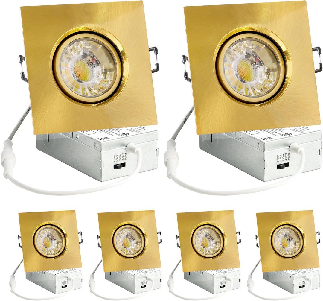 3 Inch Gimbal Recessed Light 8W 5CCT Selectable, 360 Rotatable Square Downlight with Junction Box, Wet Location Dimmable Wafer Lights, 3 Inch 6Pack Gold