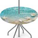 Round Outdoor Fitted Tablecloth with Umbrella Hole, Starfish Seashell Elastic Table Cloth Beach Ocean Waterproof Table Cover with Zipper for Patio Picnic, 36"-44"