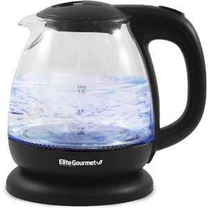 Elite Gourmet EKT1001 Electric 1.0L BPA-Free 1100W Glass Kettle Cordless 360 Base, Stylish Blue LED Interior, Handy Auto Shut-Off Function  Quickly Boil Water For Tea & More, Black (1.1 Quarts)