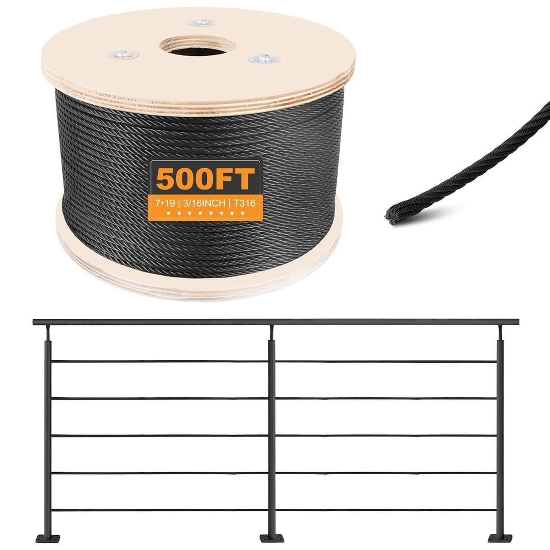 T316 Black 3/16IN Stainless Steel Cable, 500FT Wire Rope, 7X19 Strands Aircraft Cable, 3700lbs Breaking Strength, Zip Line for Heavy Duty Applications, Deck Railing, String Lights & Yard Zipline