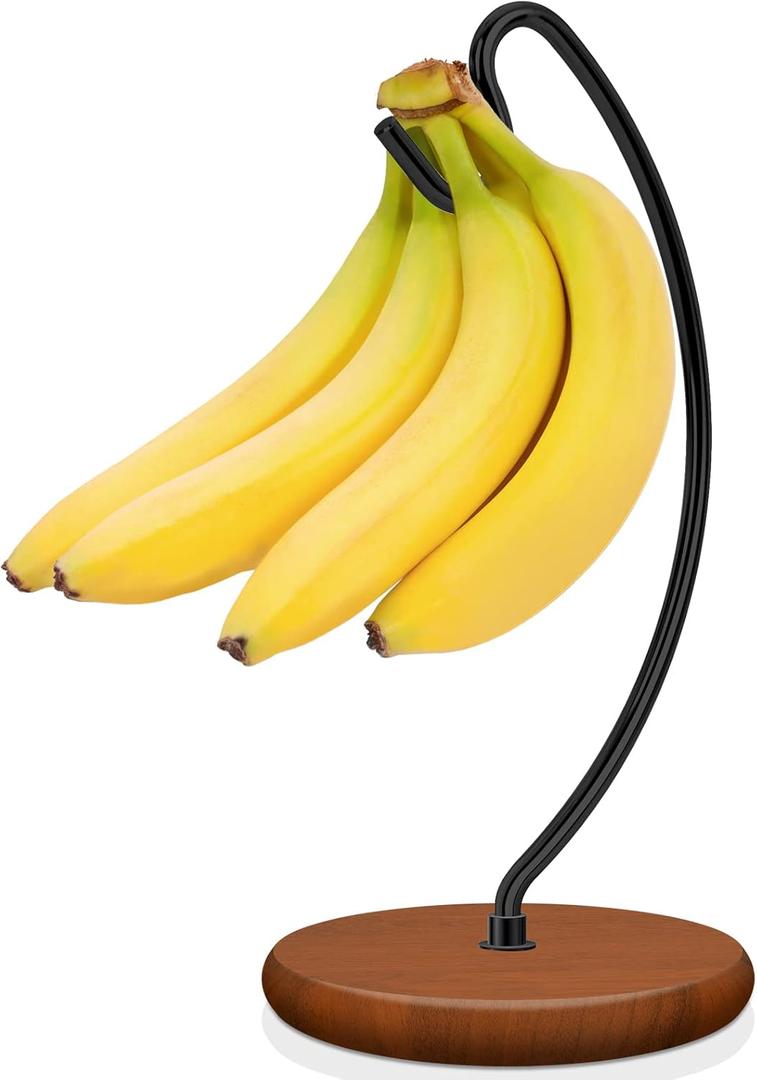 Banana Holder Stand - Patented Modern Banana Hanger with Wood Base Stainless Steel Banana Tree Hook Rack for Kitchen Countertop (Black Brown)