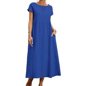 Kubsid Long Blue M Dresses for Women 2024 Summer Cotton Linen Solid Short Sleeve Gauze Dress Crewneck Loose Casual Beach Vacation Flowy Short Dress with Pockets (Blue)