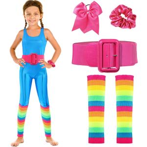 Cuffbow Girl Doll Costume Accessories Set Kids Unitard 80's Party Knit Leg Warmer, Patent Leather Belt, Bow Hair Tie (8-13 Years)