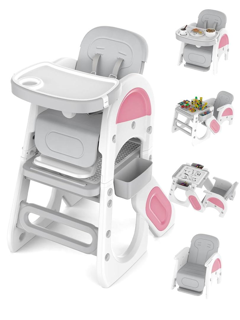 Baby High Chair & Toddler Table Set with Safety Harness, Adjustable Seat Back & Footrest (Pink)