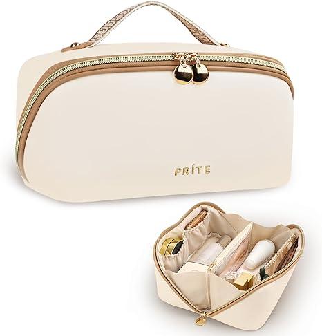 Prite Makeup Bag for Women Travel Waterproof Vegan Leather Cosmetic Bag Open Flat Toiletry Bag With Clear Divider and Handle (Beige)