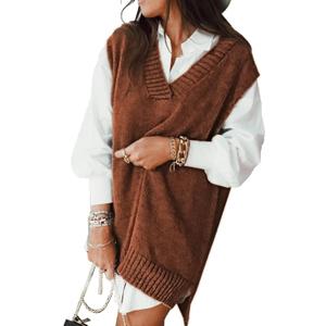 EVALESS Oversized Sweater Vest for Women V Neck Sleeveless Solid Color Loose Pullover Sweater (Brown, S)