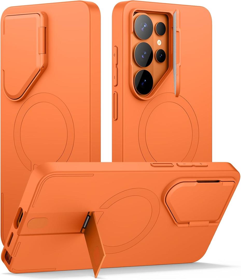 SURITCH for Samsung Galaxy S26 Ultra Phone Case, Magnetic Protective Cover with Camera Cover & Adjustable Metal Kickstand for Galaxy S26 Ultra -Orange
