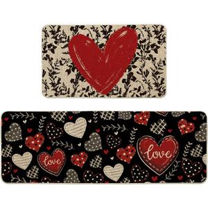 Artoid Mode Classic Button Heart Valentines Kitchen Mats Set of 2, Low-Profile Home Decor Kitchen Rugs for Floor - 17x29 and 17x47 Inch
