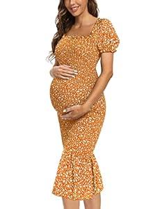 Maternity Summer Floral Midi Bodycon Dresses, Short Puff Sleeve Square Neck Ruffle Hem Mermaid Baby Shower Dress Coral Orange Small