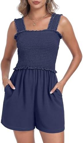 QIXING Women's Summer Casual Rompers Dressy Smocked Loose Comfy Short Jumpsuits Vacation Outfits With Pockets, Size: M