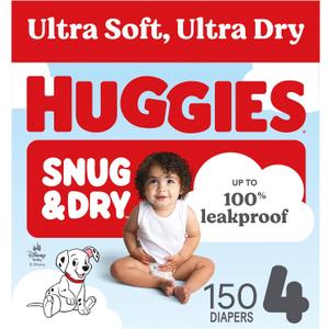 Huggies Snug & Dry Diapers Size 4, 150 Count Ultra Soft and Ultra Dry, Day & Night Protection, Gentle Absorb Liner, Wetness Indicator, Fragrance Free, No Parabens