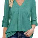 Bulotus Womens 3/4 Sleeve Tops and Blouses, V Neck Tunic Tops to Wear with Leggings Elegant Fall Blouses for Women Business Casual Trendy V Neck Work Shirts for Office Professional Tops, Cyan, Size: XL