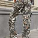 Unisex Camo Cargo Pants, Multi Pockets Raw Edge Oversized Straight Zipper Wide Legs Streetwear for Hip Hop Men Women (XL)