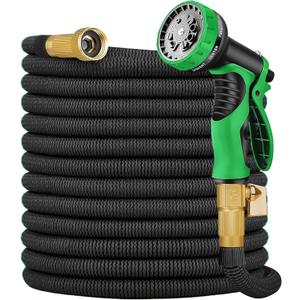 Expandable Garden Hose 100 ft with 10 Function Nozzle Sprayer, Lightweight Flexible Water Hose with Durable Collapsible Latex Core & Solid Brass Fittings, 100ft Retractable Stretch Hose, Black