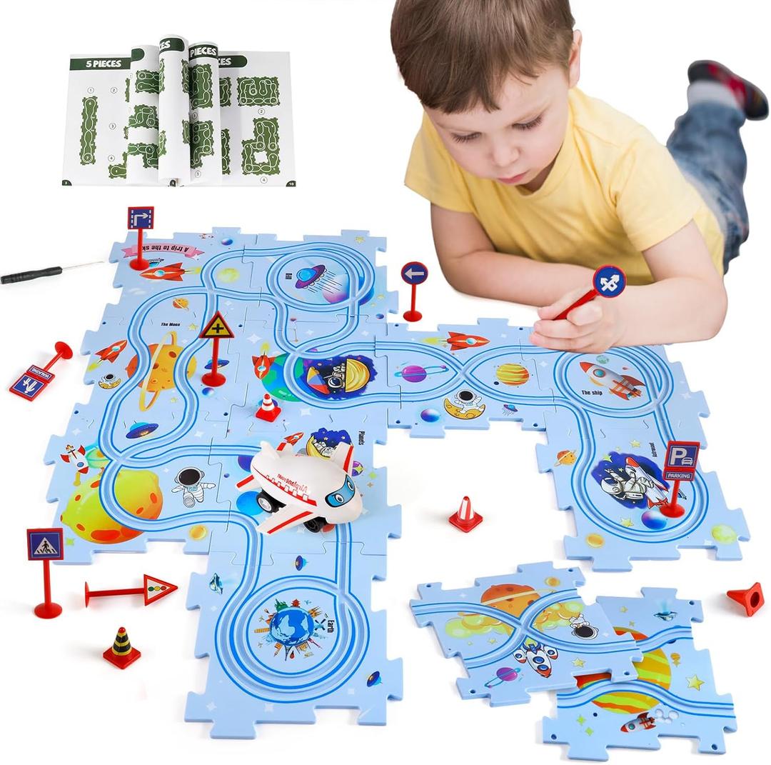 Plastic Floor Puzzles for Kids with Airplane Toy Car, Puzzle Track Car Play Set, Educational Toys for 3 4 5 6 Year Old Boys, 3 4 5 6 Year Old Boy Birthday Gift, Kids Toys Boys 3-5