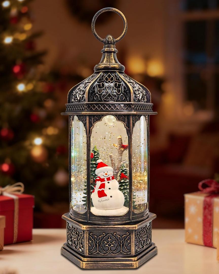 Large Snowman Snow Globe, Cardinal Christmas Tree, Lighted Snow Globes Lantern, Musical&LED Lights, 8 Classic Songs, 6-Hour Timer, Xmas Gifts and Holiday Decoration (Snowman Red Bird)