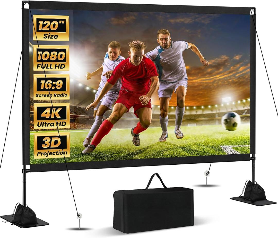 120inch Projector Screen with Stand: Portable Projector Screen Outdoor Indoor Front/Rear16:9 4K HD with Carry Bag, Sandbag - Lightweight Movie Screen for Backyard, Camping, Theater