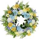Faux Silk Flower Spring Summer Easter Wreath 20-22" for Front Door – White Ranunculus Yellow Daisy Blue Hydrangea Green Eucalyptus Leaves – Farmhouse Front Porch Wreath, Outdoor Indoor Use 