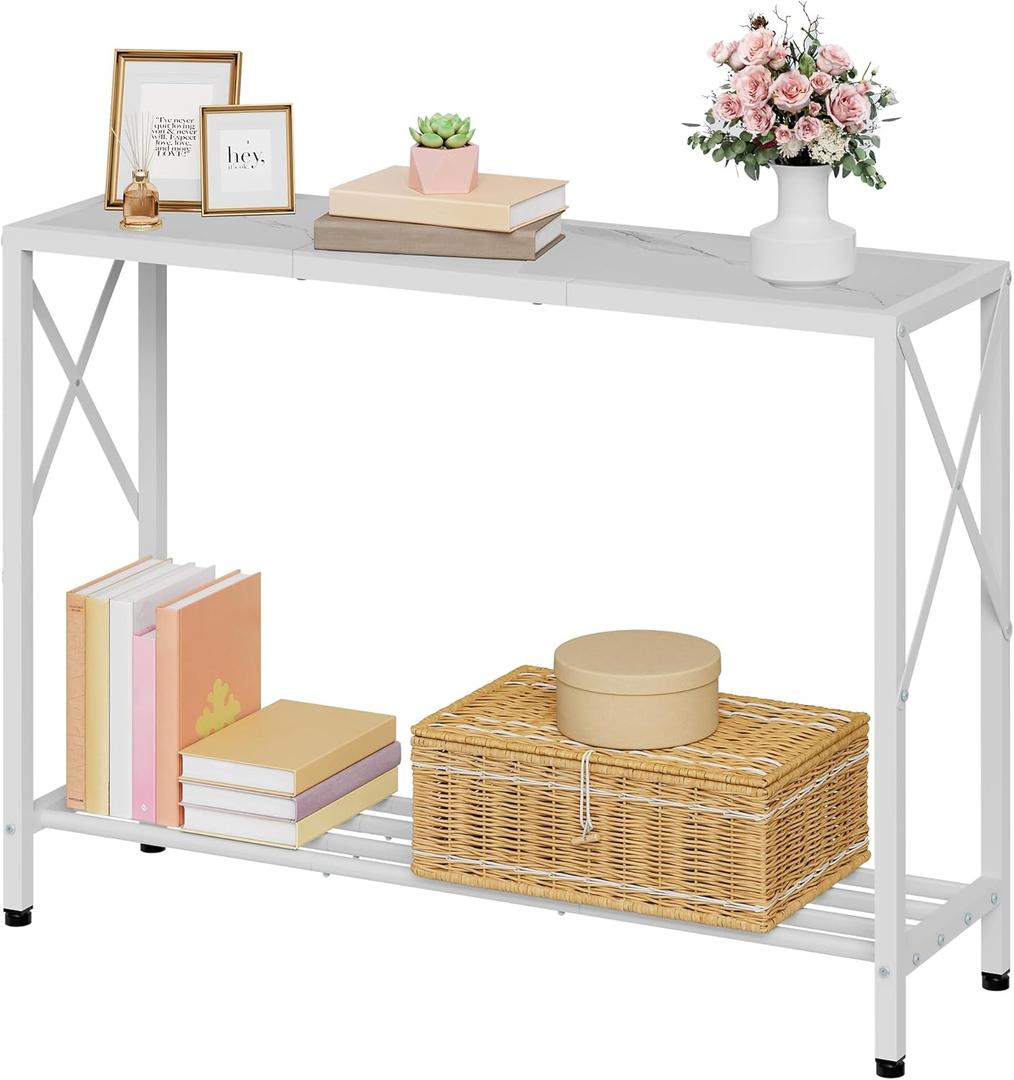 Tajsoon Console Table 41.8, 2-Tier Entryway Table Narrow Sofa Table with Shelves, Entrance Table with Stable X-Frame, for Entryway, Hallway, Living Room, Foyer, Corridor, Office, White