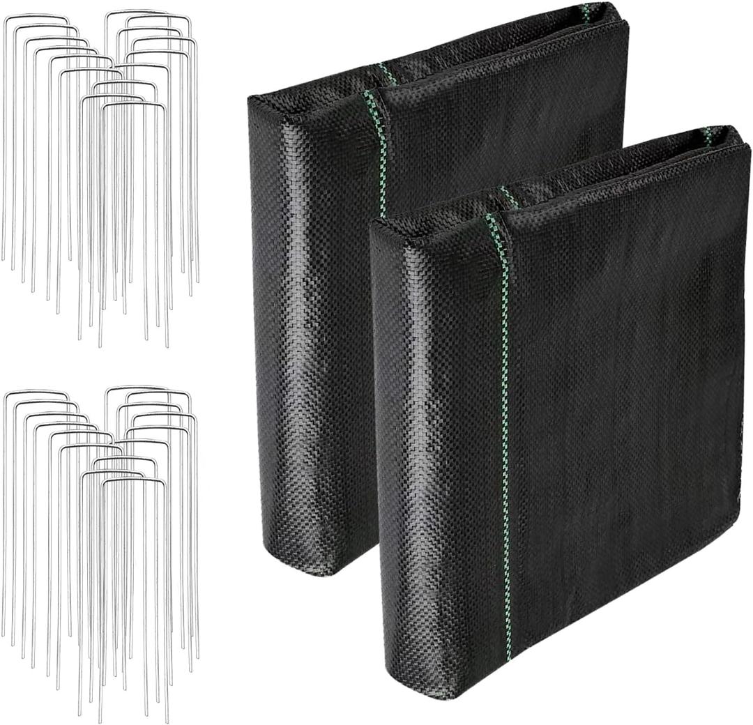 4FT x 100FT Weed Barrier Landscape Fabric (2 Pack 4x50FT) - Premium Heavy-Duty 3.2oz Gardening Weed Control Mat with 30 U-Shaped Securing Pegs - Ground Cover for Gardening, Farming