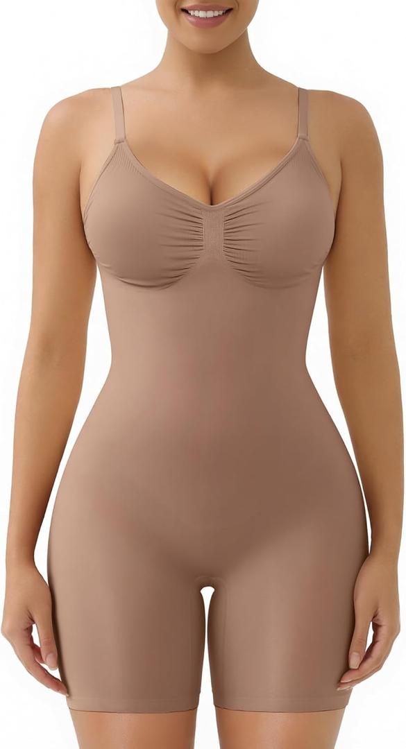 SHAPERX Women's Shapewear Tummy Control Bodysuit with Removable Pads Seamless Sculpting Mid Thigh Body Shaper, S/M-Plus