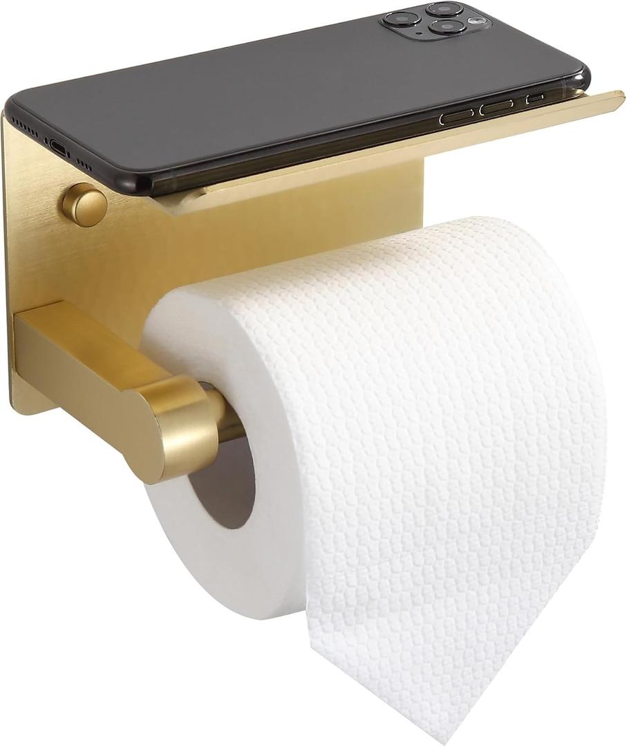BGL Toilet Paper Holder with Shelf, Jumbo Roll Toilet Paper Holder for Large Rolls,Brushed Gold Adhesive Toilet Roll Holder for Bathroom，Renter Friendly Toilet Paper Holder