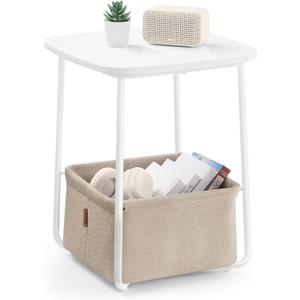VASAGLE End Table, Side Table with Fabric Basket, Modern Nightstand, Square Bedside Table, for Living Room, Bedroom, Matte White and Camel Brown ULET229W10