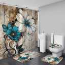 AZHM 4PCS White and Blue Artistic Painted Flowers Shower Curtain Set Floral and Butterfly Bathroom Sets with Rugs and Accessories