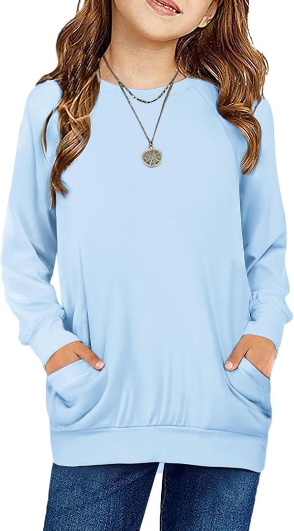 Arshiner Girls Long Sleeve Shirts with Pockets Crewneck Soft Casual Raglan Kids Blouse Tee Tops (9-10 Years, Light Blue)