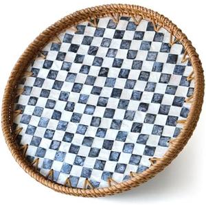 Round Rattan Tray with Mother of Pearl Inlay, Wicker Serving Tray Mother for Decor, Rattan Round Wicker Coffee Table Tray for Coffe Friut Bread Checkerboard Set Of 2