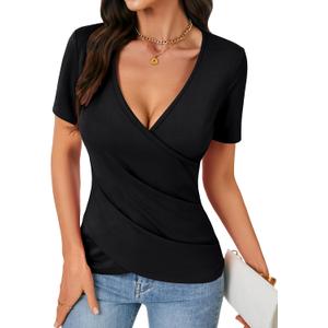 KIFOVEN Women's Summer T Shirt Short Sleeve Deep v Neck Wrap Ruched Slim Fit Tees Shirt, S