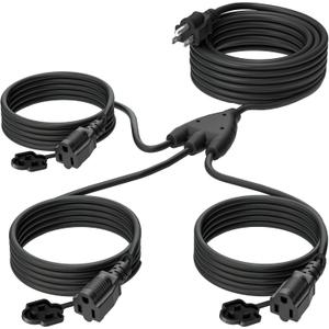 Eversimpleinc Black 1 to 3 Splitter Extension Cord (Combined 40 FT, End to End 28 FT), 3 Prong Plug with 3 Extended Outlets, with Weatherproof Covers for Indoor and Outdoor,16AWG/3C SJTW, ETL Listed