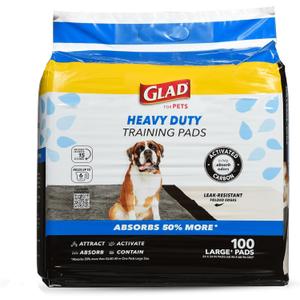 Glad for Pets Heavy Duty Activated Carbon Training Pads, 24" x 24" 100ct | Ultra Absorbent Training Pads  Absorbs 50% More Than Standard Pad in Same Size; Heavy Duty Puppy Potty Training Pads