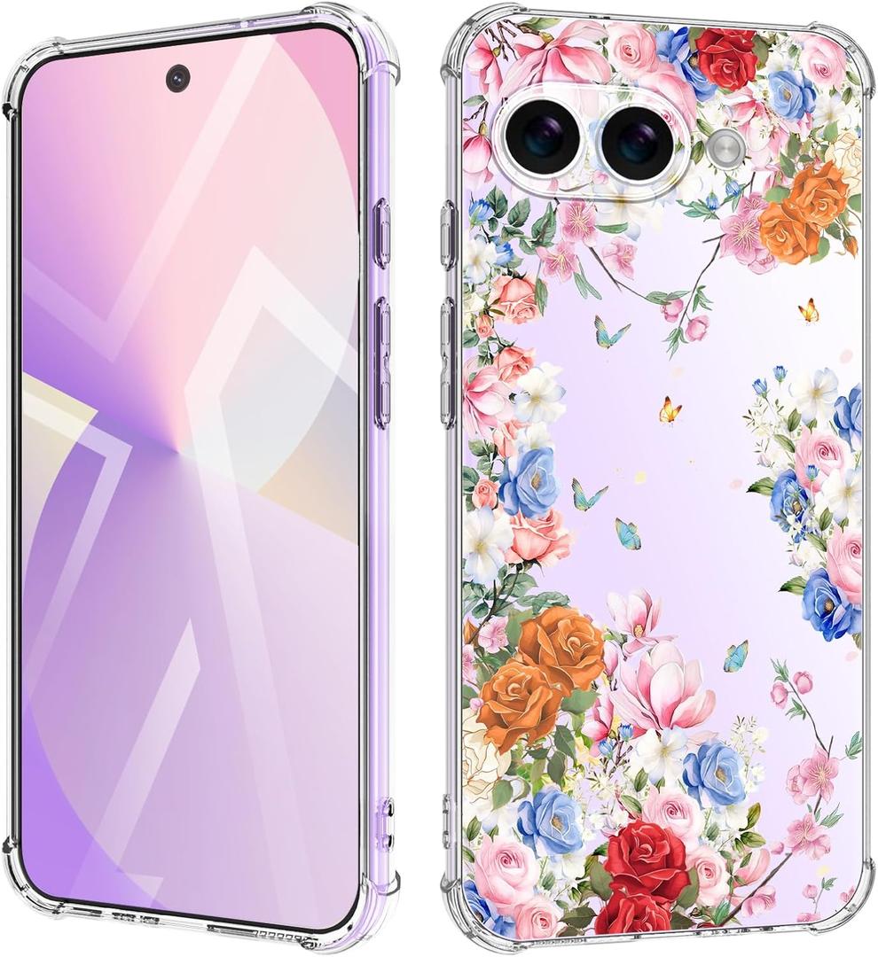 for Google Pixel 9A Case 5G Flowers Slim Anti-Drop Shockproof Protective Soft Shockproof Clear Phone Protective Covers 6.285 Inch for Women?Pink Romance?