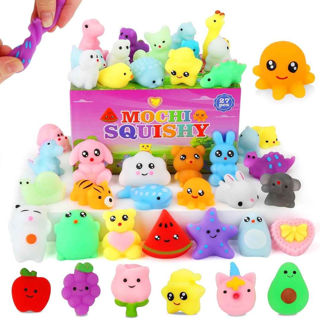 Mochi Squishy Toys, 27pcs Mini Kawaii Squishies Party Favors for Kids 4-8 8-12 Boys Girls Birthday Gifts Fidget Sensory Treasure Box Toys for Classroom Prizes Pinata Goodie Bags Xmas Stocking Stuffers