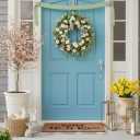 22 Inch Spring Easter Green Leaves Wreath for Front Door, Easter Bunny Wild Flower Eggs Wreath for Home Decoration, Rustic Farmhouse Lamb Ears Floral for Home
