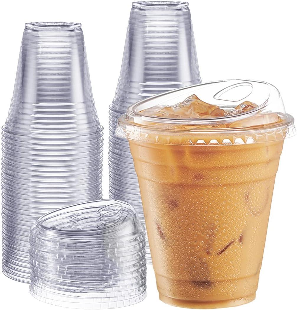 GUSTO Clear Plastic Cups with Lids [12 oz - 100 Count] - Disposable Iced Coffee Drink Cups with Strawless Sip Lids for Smoothies, Juices, and More - (Formerly Comfy Package)