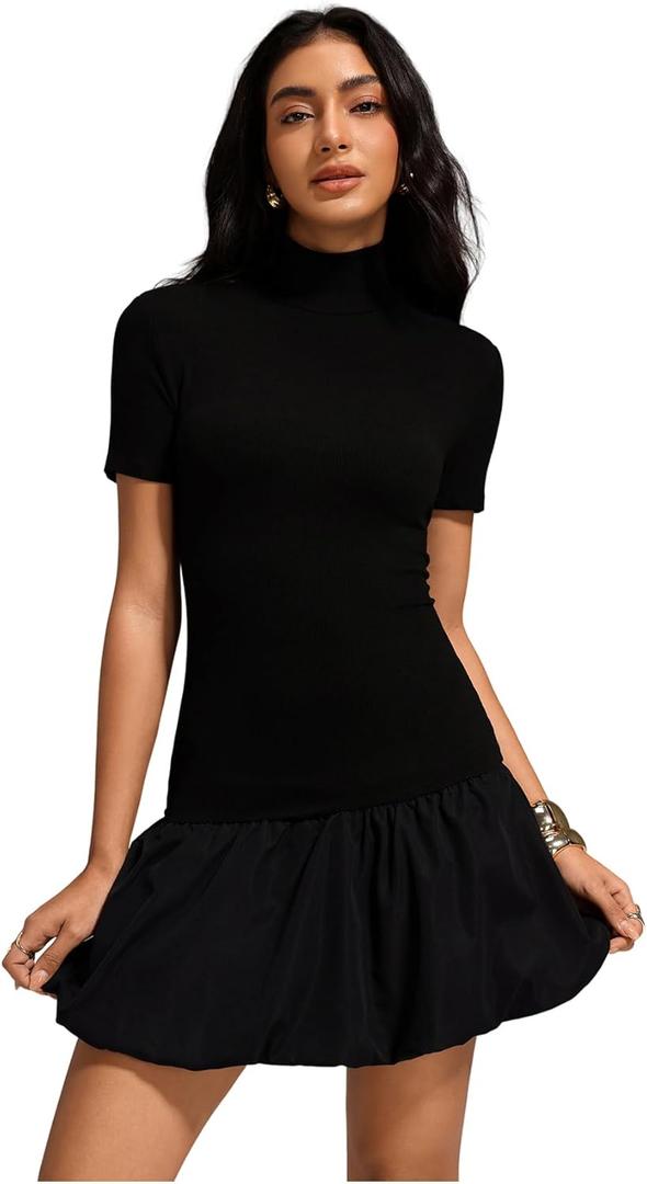 GORGLITTER Women's Summer Bubble Mini Sun Dresses Y2k Short Sleeve Mock Neck Going Out Graduation Easter Dress 2025 Black Small